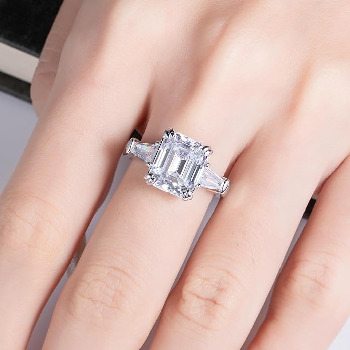 3ct-7ct Cubic Zirconia 3 Stones Engagement Rings 5A Grade Simulated Diamond Cushion Cut/Emerald Cut/Asscher Cut/Heart Cut CZ Anniversary Promise Wedding Rings for Women