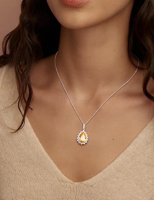 925 Sterling Silver Teardrop Necklace for Women Huge Created Gemstone Solitaire Halo Pendant Pear Cut Birthstone Necklace