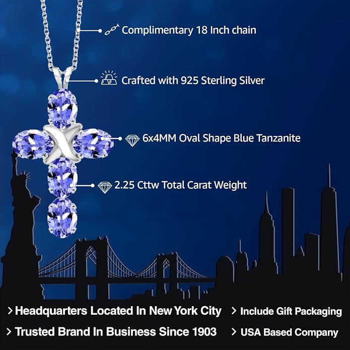 Gem Stone King Cross Pendant Necklace for Women | 925 Sterling Silver | 6X4MM Gemstone Birthstone | Jesus Christian Religious Crucifix Jewelry Gifts | 18 Inch Chain