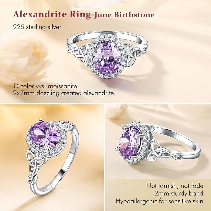 DAYBYDAY Celtic Birthstone Rings for Women 925 Sterling Silver Heart/Round/Pear/Oval Created Gemstone Moissanite Halo Engagement Promise Rings for Her Wife Birthday Anniversary Wedding Jewelry