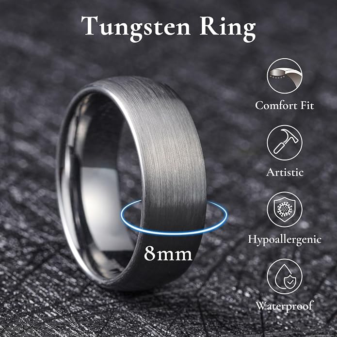 King Will Wedding Band for Men Women, 2/4/6/7/8mm Domed Matte Brushed Tungsten Carbide Rings, Solid/Dual Color Engagement Rings, Comfort Fit