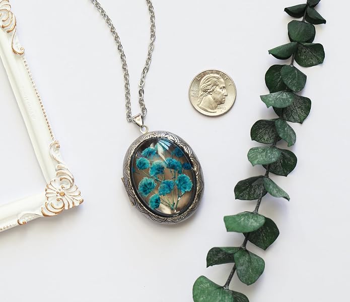 Handmade Oval Shaped Photo Locket with dried Pressed Flowers Locket pendant Necklace