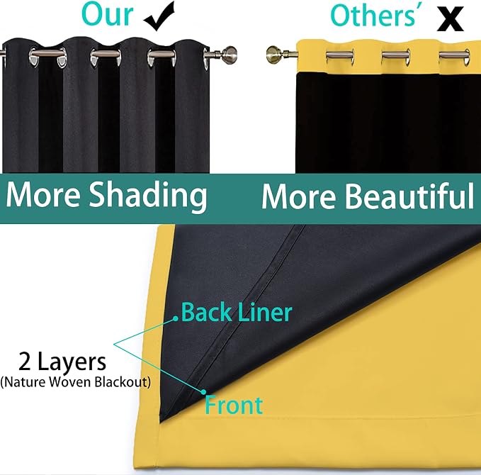 Yakamok Mustard Yellow Blackout Patio Door Curtain Panels W70 x L84, 1 PCS | Noise Reducing Barrier Panel for Sliding Glass Door, 2 Thick Layers Heat Full Light Blocking Patio Door Drapery