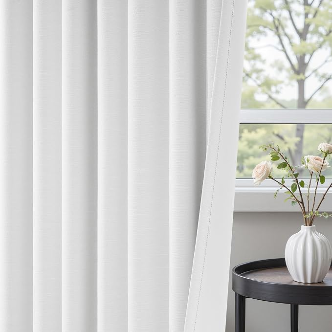 102 inch blackout curtains for Sliding door 2 Panels 100% Blackout Linen texture Beige White Window Drapes with Back Tab Rod Pocket Light Blocking Thermal Insulated Curtains for Bedroom Living Room