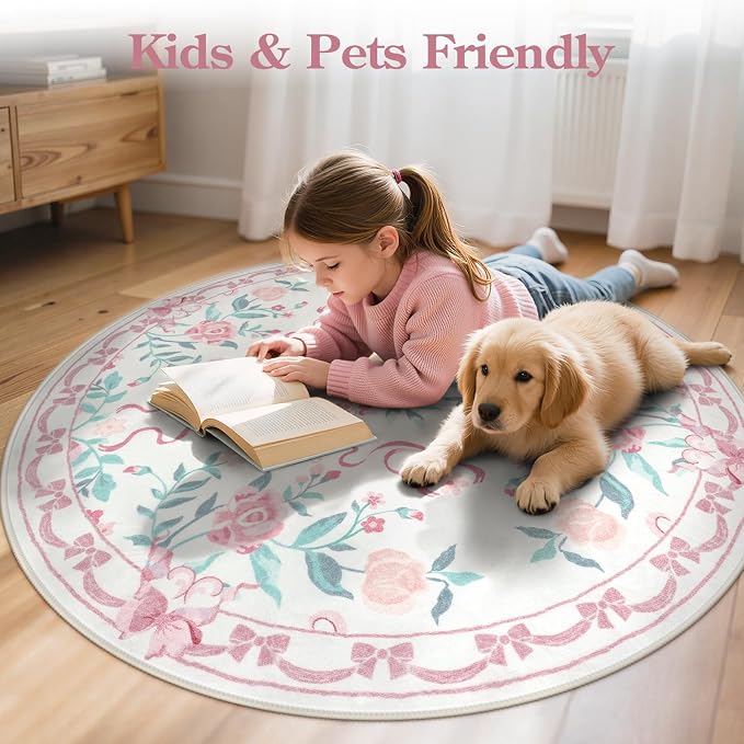 Collive Pink 6ft Round Rugs for Girls, Bow and Floral Washable Circle Rug for Living Room, Cute Ultra-Thin Non Slip Indoor Decor Carpet for Nursery Kids Room Bedroom Playroom