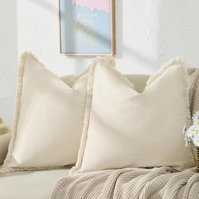 ZWJD Pillow Covers 24x24 Set of 2 Beige Throw Pillow Covers with Fringe Chic Cotton Decorative Pillows Square Cushion Covers for Sofa Couch Bed Living Room Farmhouse Boho Decor