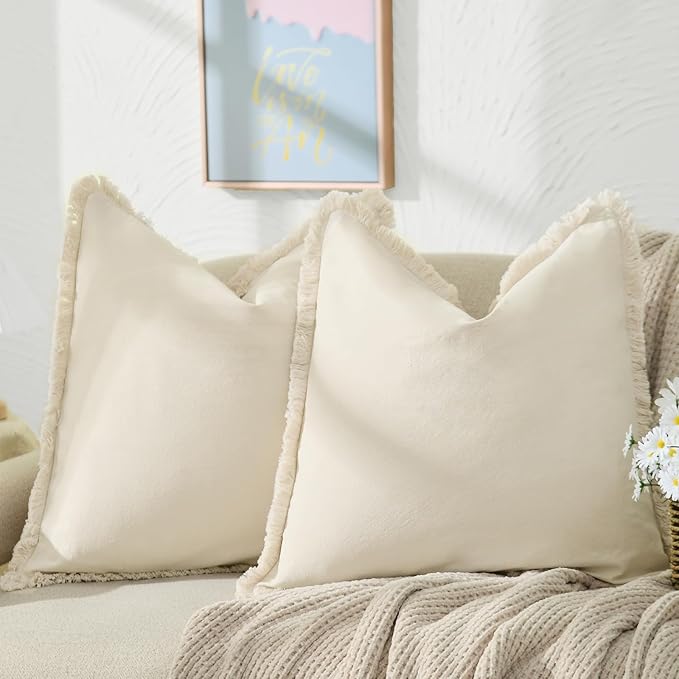 ZWJD Pillow Covers 26x26 Set of 2 Throw Pillow Covers with Fringe Chic Cotton Euro Shams Square Cushion Covers for Couch Sofa Bed Living Room Farmhouse Boho Decor, Beige