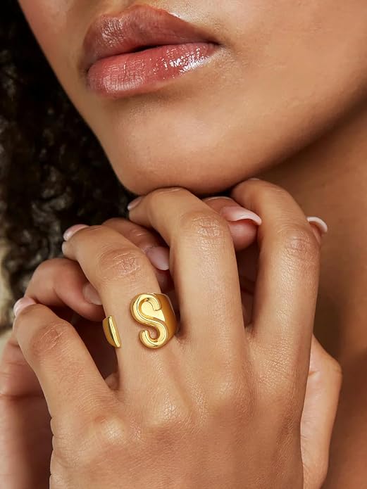 Suplight Nikel Free 18K Gold Plated Letter Rings, Fashion Monogram Jewelry Statement A-Z Wide Name Initial Alphabet Adjustable Open Ring for Women