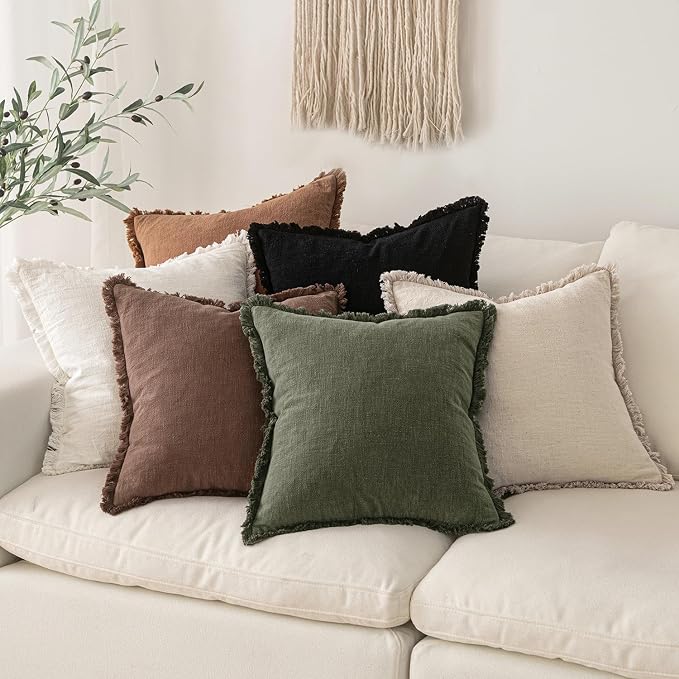MIULEE Decorative Throw Pillow Covers Neutral Linen Fringe Throw Pillows Euro Shams Set of 2 Dark Coffee Boho Farmhouse Cushion Covers for Couch Sofa Bed Living Room Fall Home Decor 28x28 Inch