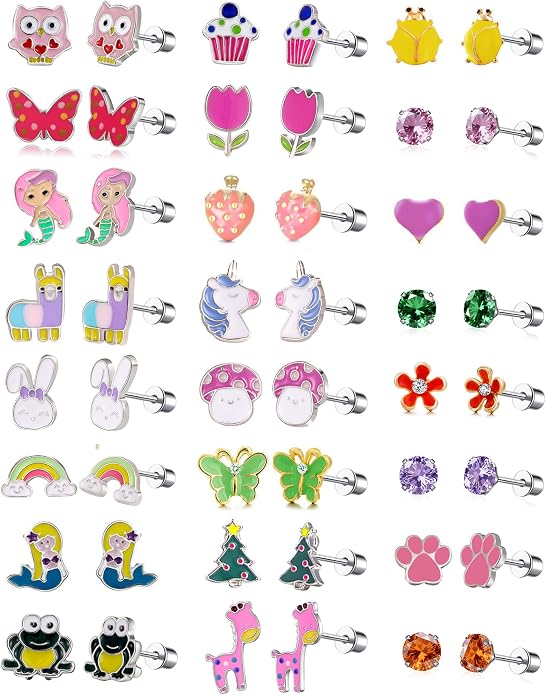 24 Pairs Stainless Steel Flat Back Earrings Set -Secure and Comfortable Screwback Earrings with Diverse Designs, Perfect for Multiple Piercings and Everyday Wear