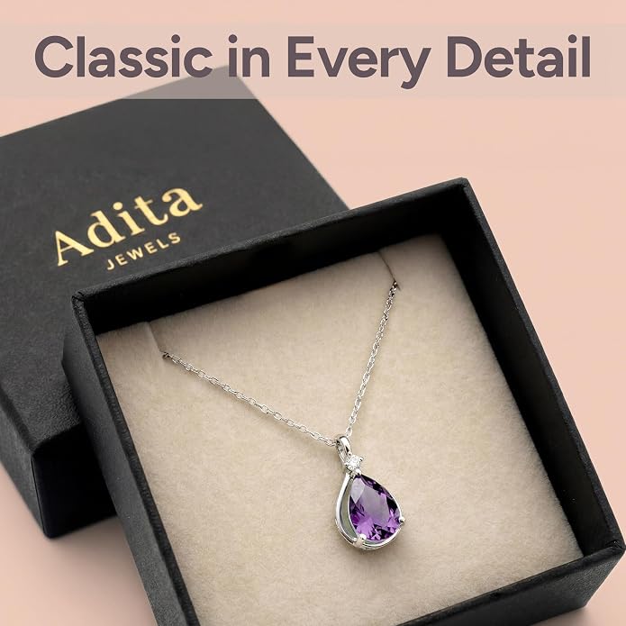ADITA GOLD Birthstone Necklace for Women, 925 Sterling Silver Teardrop Pendant, Simulated Gemstone, Birthstone Jewelry