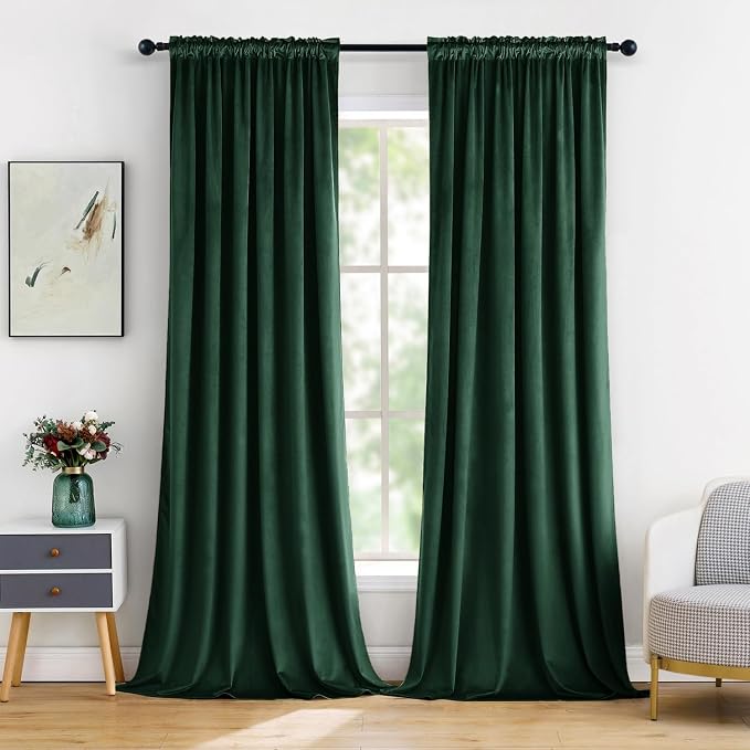 MIULEE Emerald Green Blackout Velvet Curtains Drapes 96 Inch Long 52"x96" | Luxurious Bedroom Living Room Decor, Room Darkening, Thermal Insulated, Rod Pocket Design, Super Soft Fabric
