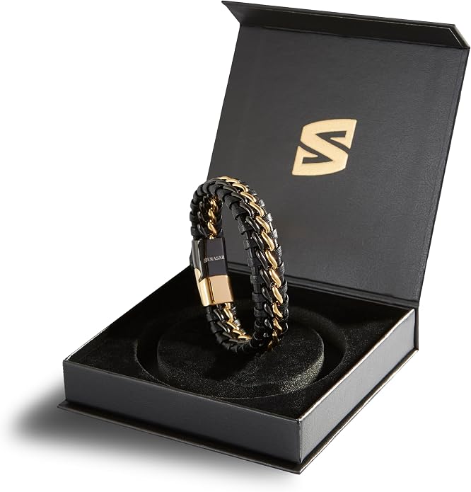 SERASAR | Premium Genuine Leather Bracelet [Steel] for Men in Black | Magnetic Stainless Steel Clasp in Black, Silver and Gold | Exclusive Jewellery Box | Great Gift Idea