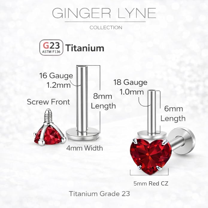Titanium Heart CZ Labret Stud Earrings for Piercings by Ginger Lyne 6Pc Set G23 Screw Front Flat Back Body Jewelry 2 pair post 6mm, 8mm Cartilage, Helix, Tragus, Lip, Conch, Lobe