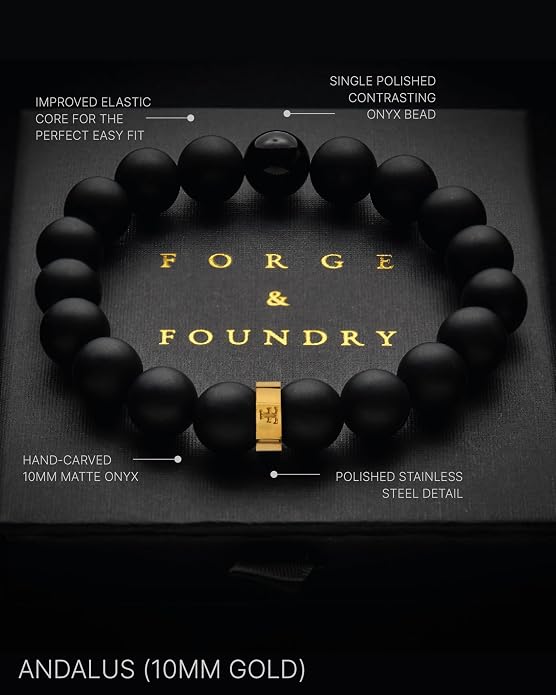 Forge & Foundry Men’s Matte Black Solid Onyx Beaded Bracelet | 10mm, 8mm, 6mm Bead Size Options | Signature Stainless Steel Engraved Bead | Andalus