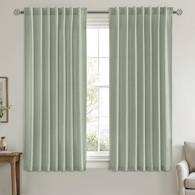 MIULEE Non-See-Through Privacy Linen Curtains 52W x 63L Inch Light Green | 2 Panels, Light Filtering, Semi Sheer Window Curtains, Farmhouse Textured, Back Tab Drapes for Bedroom Living Room