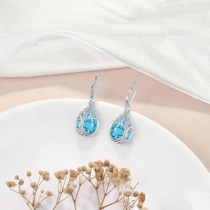 Odinstone 925 Sterling Silver Earrings Tree of Life Teardrop Moonstone Dangle Drop Leverback Earrings for Women