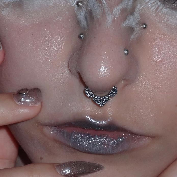 PUNKYOUTH 16G Titanium Septum Nose Ring Clicker Hoop 316L Surgical Steel Hinged Gothic Vintage Floral Style Earrings Piercing Jewelry for Nose Helix Rook Tragus 8mm Diameter