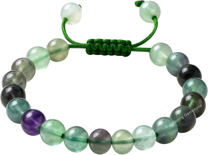 Amazing Gemstone Multi Fluorite Bracelet for Women Men's Gifts - Protection Healing Crystal Bracelet - 8mm Gemstones Beaded Adjustable Bracelet Pulseras para Hombres Mujer Stocking Stuffers