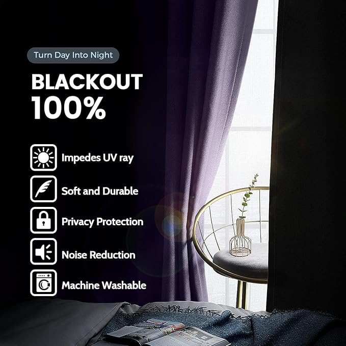 SimpleHome Lilac 100% Blackout Curtains Room Darkening Living Room 63 Inch | Curtains for Bedroom,Thermal Insulated Grommet Window Drapes,Curtains for Living Room with Black Back,38 x 63 Inch,2 Panels