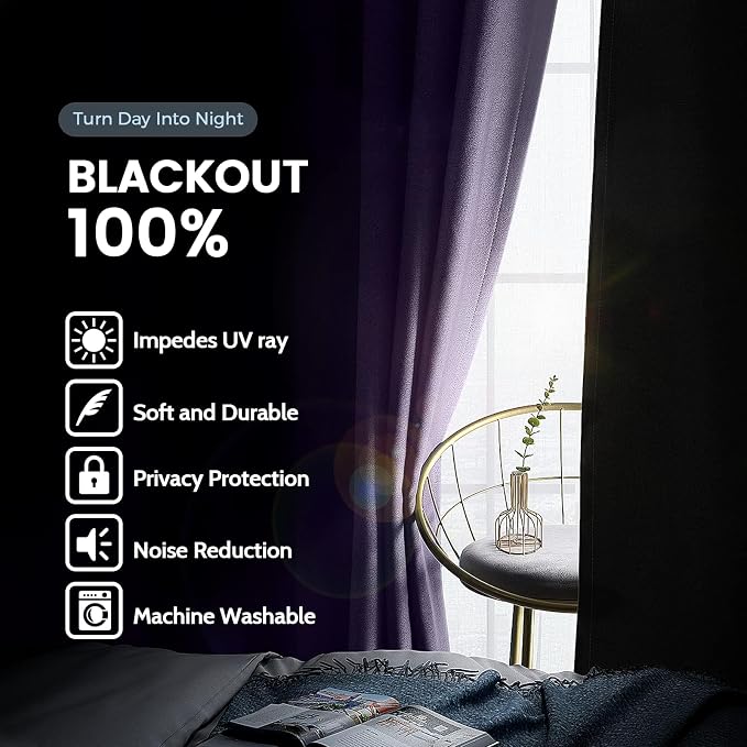 SimpleHome Lilac 100% Blackout Curtains Room Darkening Living Room 36 Inch | Curtains for Bedroom,Thermal Insulated Grommet Window Drapes,Curtains for Living Room with Black Back,42 x 36 Inch,2 Panels