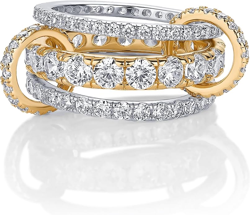 PAVOI 14K Gold Plated Interlocking Ring for Women - Chunky Connected Bands Interlock Stackable Rings for Women - Trendy Cubic Zirconia Two Tone Interlocked Multi-Band Statement Jewelry