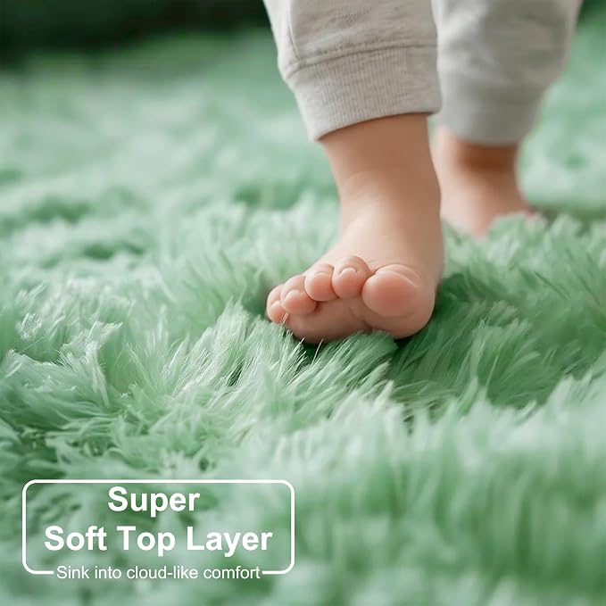 Amdrebio Sage Green Round Rug 4Ft for Bedroom Aesthetic, Fluffy Furry Circle Rugs for Nursery, Classroom, Teen Boys, Baby Kids Room Decor, Cute Shaggy Area Rug for Dorm, Fuzzy Plush Light Mint Carpet