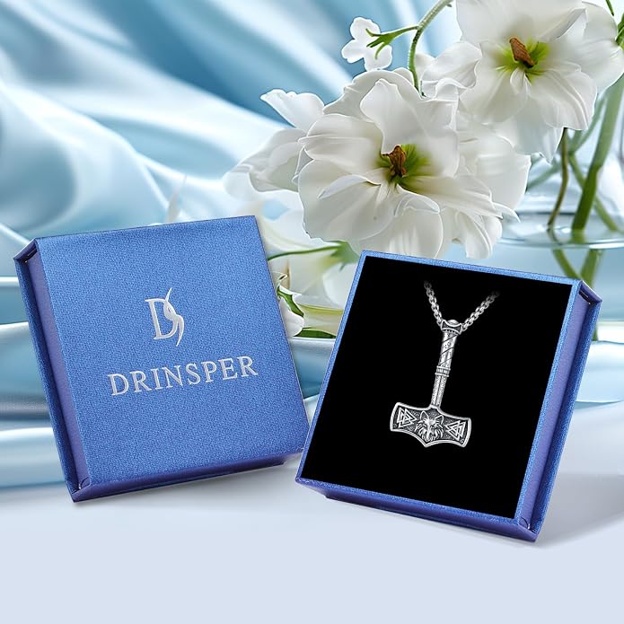 Thors Hammer Necklace - Viking Mjolnir Necklace Nordic Vegvisir Valknut Symbol Pendant 925 Sterling Silver Norwegian Amulet Jewelry Gift for Men Women