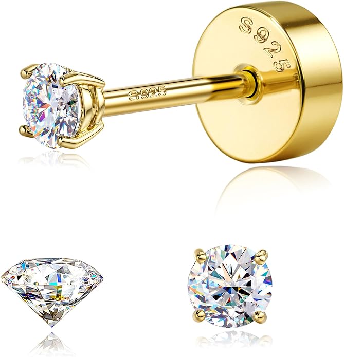 GEMQUEEN Moissanite Earrings Studs : 18K Gold Plated Solid 925 Sterling Silver Stud Earring for Women Men Hypoallergenic Dainty Moissanite Jewelry for Sensitive Ears Round Cut D Color VVS1 2-7.5mm