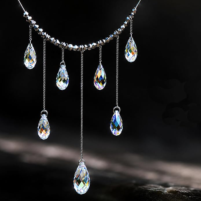 925 Sterling Silver Handmade Crystals Rain Drop Tassel layered Pendant Boho necklace statement Chandelier shape Lobster Clasp Length Choker 18"+2" Ideal Gift for Women Ladies Dress accessories.