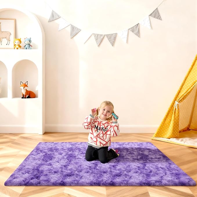 4x6 Rugs for Bedroom, Fluffy Area Rugs for Living Room, Small Fuzzy Shag Soft Non-Slip Carpet for Kids Girls and Boys Nursery Dorm Indoor Room Home Decor (4ft X 6ft, Tie-Dyed Purple)