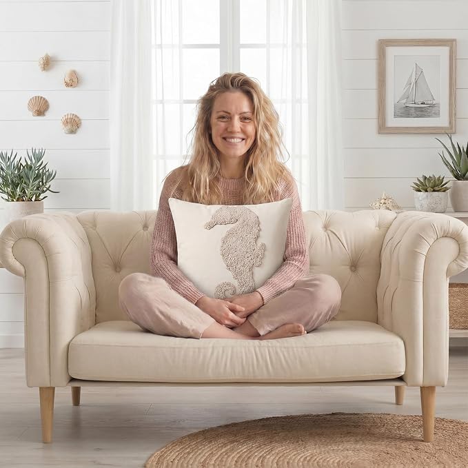 4 Pcs Coastal Beach Pillow Covers 18x18 Starfish Seahorse Coral Sand Dollar Embroidery Nautical Throw Pillow Covers Cushion Cases for Bedroom Sofa Ocean Summer Theme Holiday Home Decoration