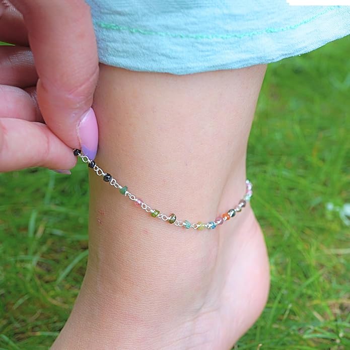 Dainty Gemstone Anklet for Women – 10 Inch Adjustable Anklet with 1 Inch Extender, Gold or Silver Plated Foot Jewelry, Minimalist Boho Style Gift