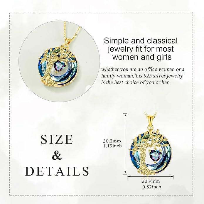 POPLYKE Mothers Day Gifts for Mom Her Wife Tree of Life Necklace 925 Sterling Silver Birthstone Pendant with Crystal Anniversary Birthday Wedding Jewelry for Women