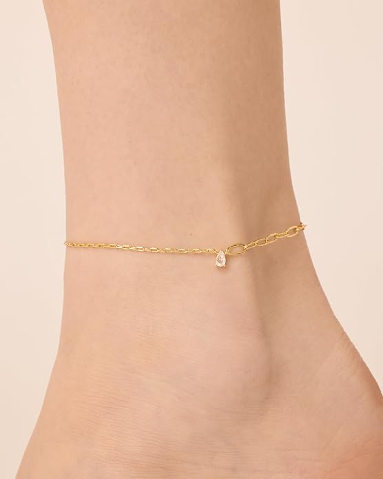 PAVOI 14K Gold Plated Anklet for Women - Trendy Link Chain Ankle Bracelet Summer Jewelry - Boho Dainty Anklets with Cubic Zirconia, Beaded, Evil Eye, Star, Station, Pearls Adjustable Gold Jewelry