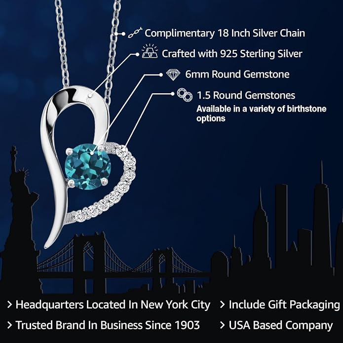 Gem Stone King Heart Shape Pendant Necklace For Women | 925 Sterling Silver | 6MM Round Gemstone Birthstone | Heart Necklace For Women | With 18 Inch Silver Chain