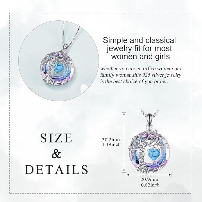 POPLYKE Mothers Day Gifts for Mom Her Wife Tree of Life Necklace 925 Sterling Silver Birthstone Pendant with Crystal Anniversary Birthday Wedding Jewelry for Women