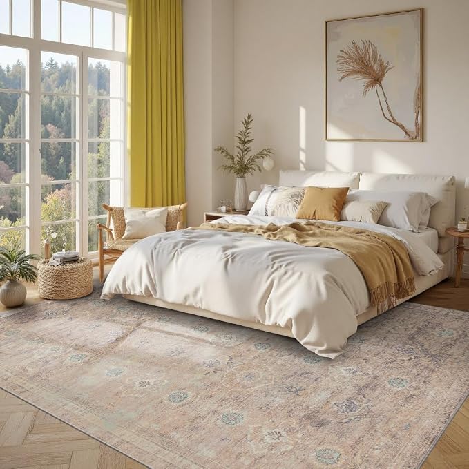 Rugxara Beige Neutral Area Rugs 5x7 Washable Rug for Living Room Bedroom | Non Slip, Rug for Dining Room Dorm Office Farmhouse, Stain Resistant, Soft, Vintage Boho Carpet, Low Pile, Home Decor