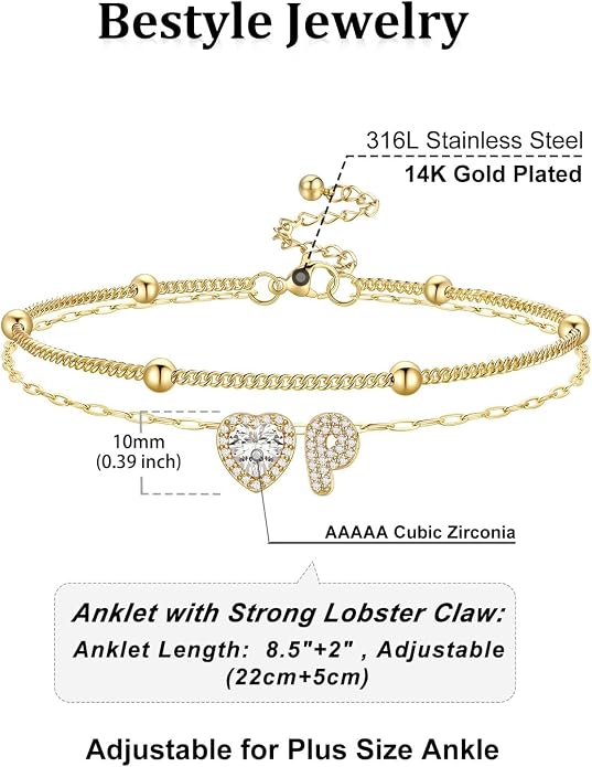 Bestyle Initial Anklet Bracelets for Women Waterproof Non Tarnish 14K Gold/White Gold Plated CZ Anklets for Women Dainty Layered Letter Heart Ankle Bracelets Adjustable Foot Chain Anklet