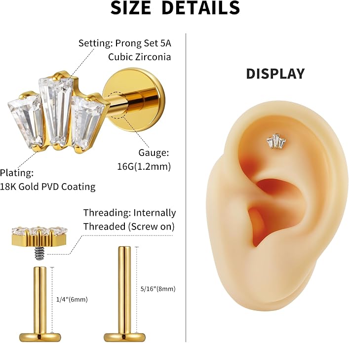 FINE4U 1PC 16G Gold Cartilage Earring 6mm 8mm - ASTM F136 Titanium Piercing Jewelry for Tragus, Helix Conch, Internally Threaded