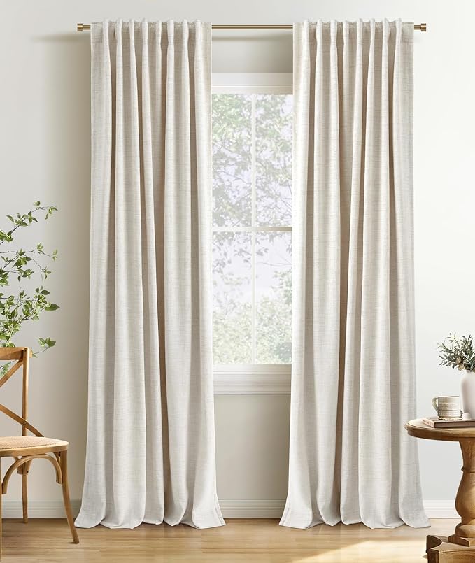 INOVADAY 100% Blackout Curtains 63 Inches Length 2 Panels Set, Back Tab/Rod Pocket Linen Black Out Curtains for Bedroom, Thermal Insulated Window Drapes - Cream, W50 X L63