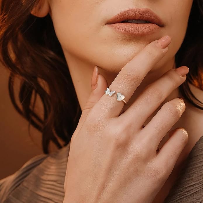 Initial Ring for Women Teens, Gold Plated Butterfly Heart Letter K Open Adjustable Ring, Dainty Alphabet Ring Jewelry Gift for Birthday