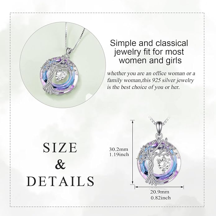 POPLYKE Mothers Day Gifts for Mom Her Wife Tree of Life Necklace 925 Sterling Silver Birthstone Pendant with Crystal Anniversary Birthday Wedding Jewelry for Women