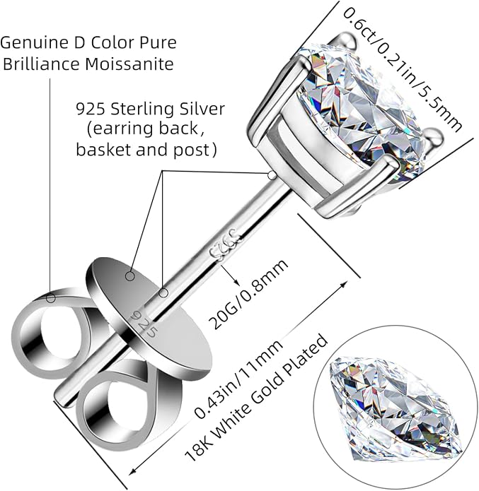 Moissanite Stud Earrings GRA 925 Sterling Silver Earrings for Men 18K White Gold Plating Earrings for Women,wedding earrings(0.3Ct-4Ct)