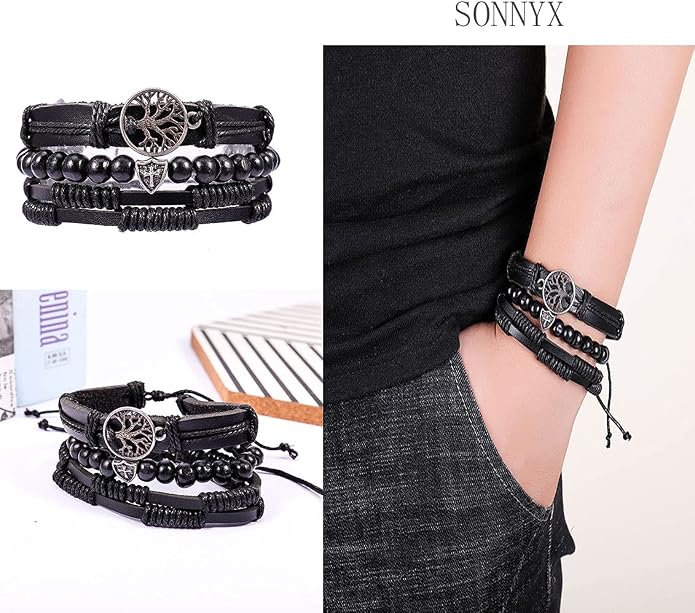 SONNYX 44 Pcs Braided Leather Bracelets for Men Women Woven Cuff Wrap Bracelets Hemp Cords Wood Beads Ethnic Tribal Bracelets Adjustable Leather Wristbands