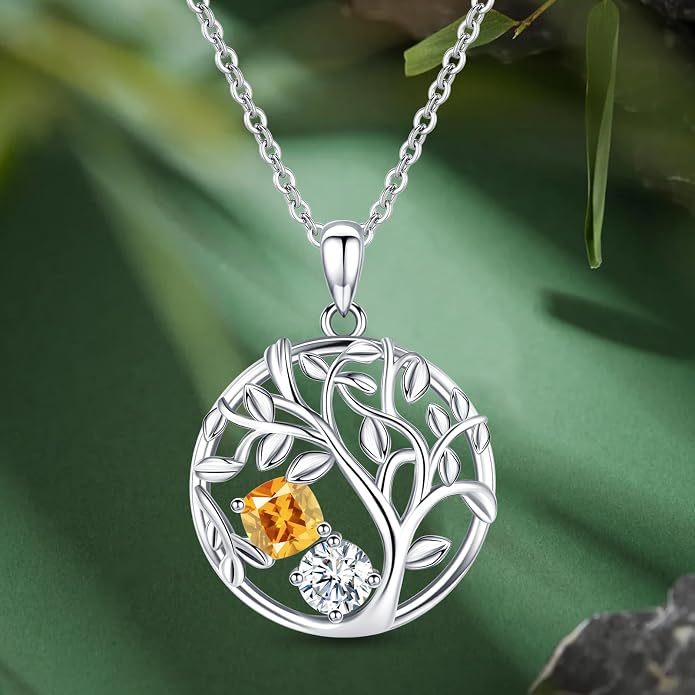 Tree of Life Birthstone Necklace for Women 925 Sterling Silver Birthstone Pendant 12 Months Necklaces with Zircon Birthday Gifts for Women, Mom, Grandma Cable Chain 18"+2"