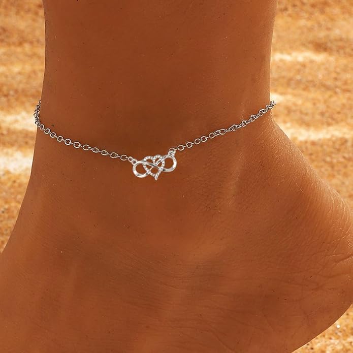 Infinity Heart Anklet for Women, Silver Dainty Ankle Bracelet Adjustable Minimalist Foot Jewelry, Romantic Beach Vacation Gift