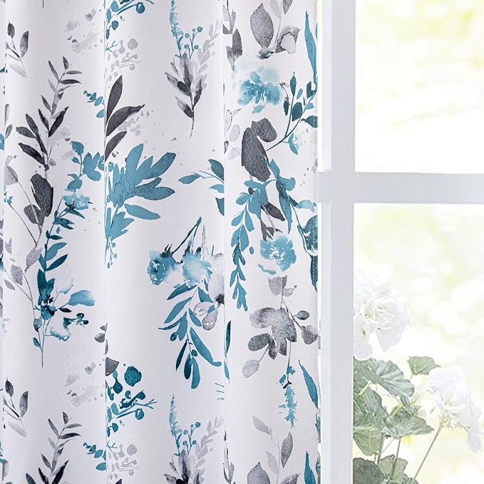 MYSKY HOME Living Room Floral Curtains 2 Panel Sets for Dining Room - Farmhouse Darkening Thermal Insulated Window Treatment Grommet Drapes, 108 Inch Long, Turquoise