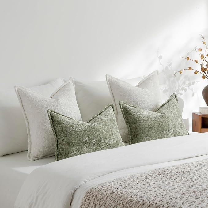 DEZENE Pack of 2 Cream White Decorative Throw Pillow Covers 24x24 Cozy Soft Chenille Accent Vintage Square Couch Pillow Covers for Home Decor Bed Sofa Living Room