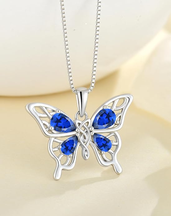 Butterfly Necklace 925 Sterling Silver Celtic Knot Pendant Teardrop Birthstone Twisted Jewelry for Women
